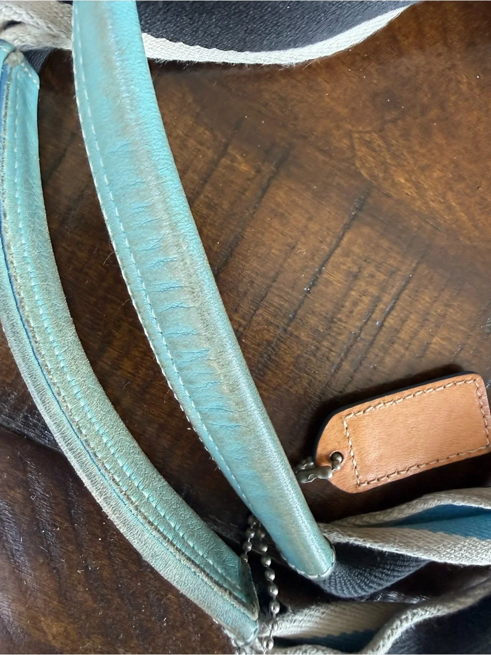 Coach Black Canvas Tote with Teal Trim and Tan Accents